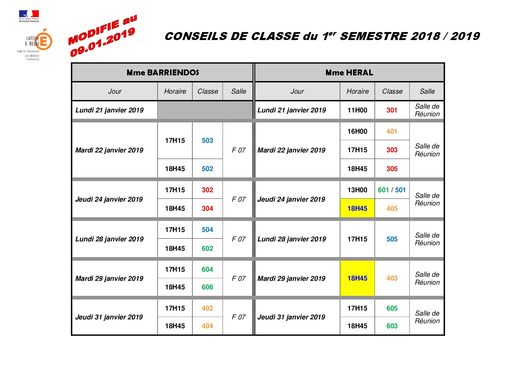 Planning Modifie Des Conseils De Classes Du 1er Semestre 2018 2019